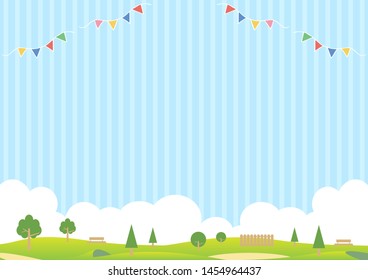 green park and striped pattern backdrop with flag garland