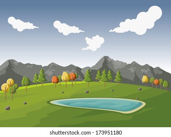 Green park with trees and lake