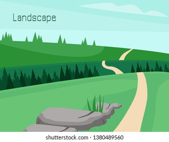 Green park with trees, stone and road. Flat vector illustration.