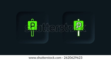 Green Parking icon isolated on black background. Street road sign. Black square button. Vector