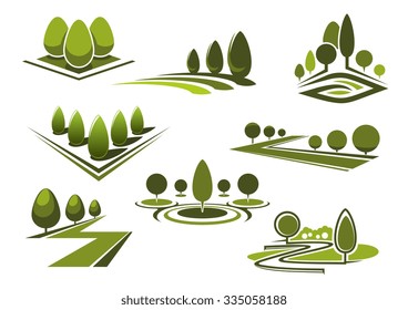 Green parks and gardens landscape icons with grass lawns, walking alleys and trimmed trees and bushes. Isolated on white