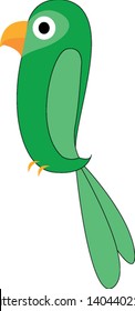 A green parrot with big eyes, with tail, with yellow beak, with two feet, vector, color drawing or illustration. 