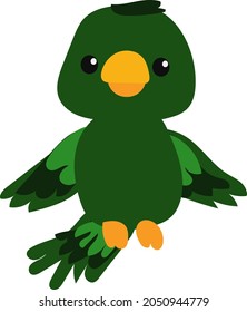green parrot bird, cute , vector drawing, isolate on white