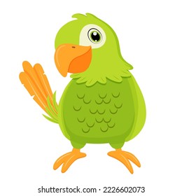 Green parrot bird. Flat cartoon character isolated on white.