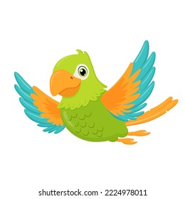 Green parrot bird flying. Flat cartoon character isolated on white.