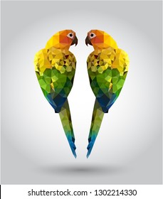 Green parrot bird low polygon isolated on gray background, colorful cockatoo modern geometric icon, yellow parakeet pet crystal design illustration.