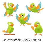 Green parrot bird standing on branch and flying. Flat cartoon character set isolated on white.