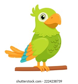 Green parrot bird standing on branch. Flat cartoon character isolated on white.