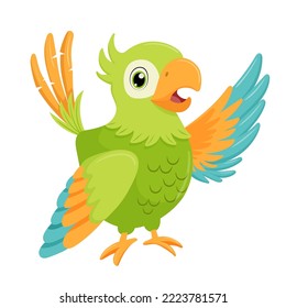 Green parrot bird standing and wave wing. Flat cartoon character isolated on white.