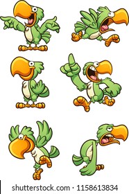 Green parrot with different poses and expressions. Vector clip art illustration with simple gradients. Each on a separate layer. 