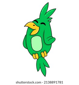 green parrot is happy to welcome spring, vector illustration art. doodle icon image kawaii.