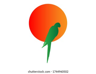 green parrot logo idea design, beautiful macaw bird silhouette and orange sunset sign, vector illustration isolated or white background