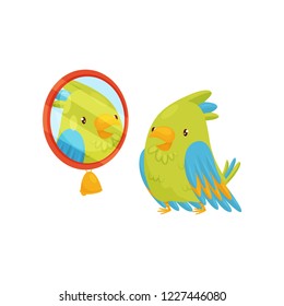 Green parrot looking at yourself in the mirror. Bird with bright feathers. Cartoon character. Flat vector icon