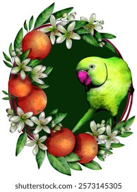 Green Parrot and Oranges. Parrot bird on an isolated white background, watercolor illustration, hand drawing.