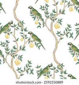 Green parrot, pear fruit tree floral seamless pattern white background. Garden wallpaper.