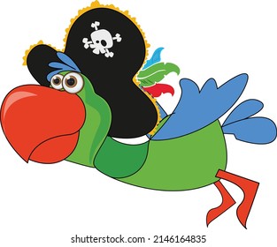 Green parrot with red beak. Black hat with a skull. Flying bird. Parrot. Pirate. Funny character for kids game about pirates. 