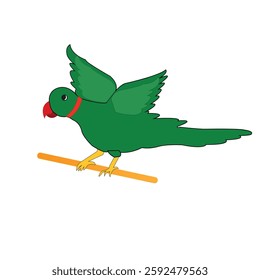 Green Parrot with Red Beak Perched on a Branch - Illustration