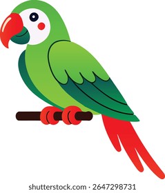 Papagaio verde com bico e cauda vermelhos empoleirados em um galho de pássaro