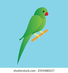 Green Parrot Sitting on a Branch - Digital Bird Illustration