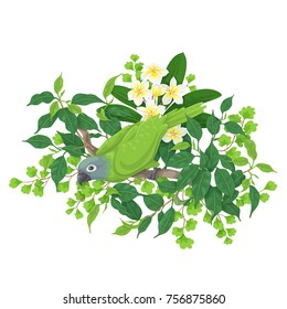 Green parrot sitting on tree branch. Leaves and flowers of tropical plants and bird isolated on white.Vector flat illustration.