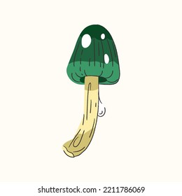 Green parrot toadstool mushroom isolated on beige background. Vector autumn fungi flat magic Halloween illustration