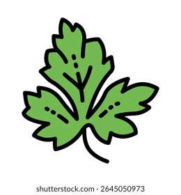 Folha de salsa verde. Ilustração de vetor plano com contorno preto. Plantas aromáticas frescas e conceito de alimentos saudáveis para design e impressão