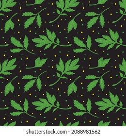 Green parsley leaves on black background. Health vector illustration. Seamless pattern.