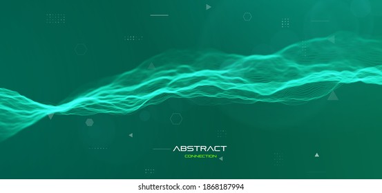 Green particle wave background. Abstract dynamic mesh. Big data technology. Vector grid illustration.