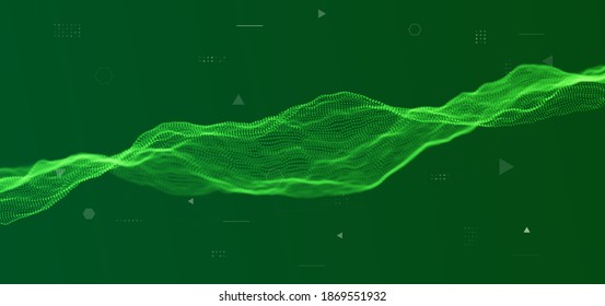 Fondo de onda de partícula verde. Malla dinámica abstracta. Tecnología de grandes datos. Ilustración de rejilla vectorial.