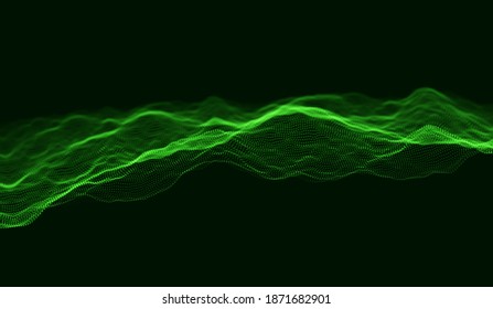 Green particle wave background. Abstract dynamic mesh. Big data technology. Vector grid illustration.