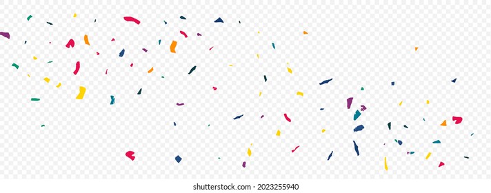 Green Particles Celebration Panoramic Transparent Background. Christmas Colored Paper Pattern. Flying Confetti Postcard. Orange Elements Abstract Card.