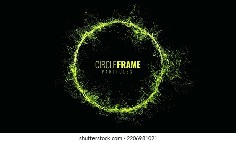 Green Particles Circle Frame. Particles Shockwave Effect on Dark Background. Digital Explosion. Radial Sound Circle Wave Music Visualization. Colorful Equalizer Background. Vector Illustration.