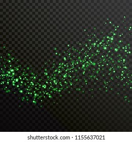 Green particles light or sparkling glitter shine of comet trail. Vector glittery wave with shiny confetti or space star dust effect on transparent background for luxury design