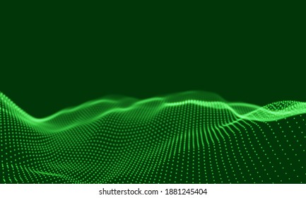 Green particles wave background. Abstract dynamic mesh. Big data technology. Vector grid illustration.