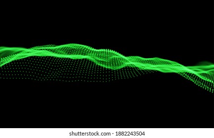 Fondo de ondas de partículas verdes. Malla dinámica abstracta. Tecnología de grandes datos. Ilustración de rejilla vectorial.