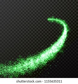 Green particles wave or comet trail with sparkling light effect on vector transparent background