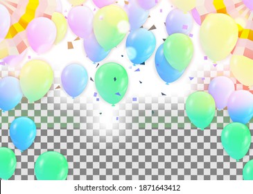 Green party balloons on the abstract background of jumble of rainbow colored balloons celebrating