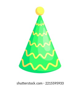 Green party cap vector illustration. Anniversary and carnival cone paper hat isolated on white background. Holiday decoration element. Celebration concept