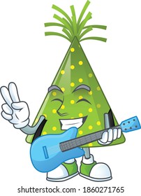 Green party hat cartoon character style plays music with a guitar. Vector illustration