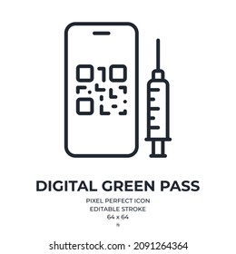 Green Pass Concept Editable Stroke Outline Icon Isolated On White Background Flat Vector Illustration. Pixel Perfect. 64 X 64.