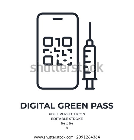 Green pass concept editable stroke outline icon isolated on white background flat vector illustration. Pixel perfect. 64 x 64.