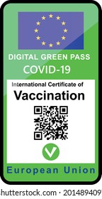 Green Pass International Certificate of Impf Smartphone Display Vektorgrafik einzeln auf weißem "nicht aktiven QR-Code"