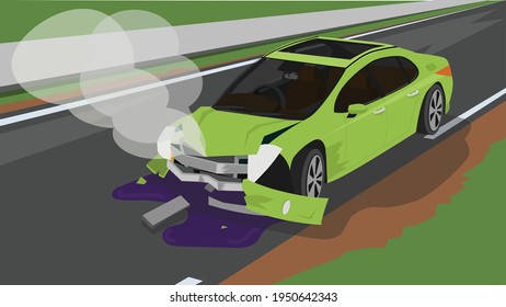 The green passenger car was involved in an accident on the road. front was damaged and broken, the bonnet opened. And there was smoke from the steam gushing out. Engine oil flows on the road.