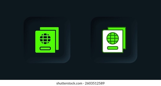 Green Passport with biometric data icon isolated on black background. Identification document. Black square button. Vector