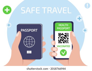 Green passport certificate on mobile phone screen with QR code and biometric passport in hands for safe travel, app with online tracking coronavirus infection immune. Flat vector illustration