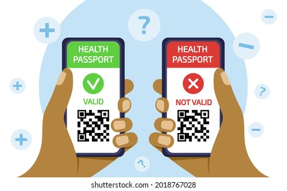 Green Pass Zertifikat gültig und nicht gültig auf Handy-Bildschirm in afrikanischer Hand mit QR-Code für sichere Reise, App mit Online-Tracking Coronavirus Infektion Immunität. Flache Vektorgrafik