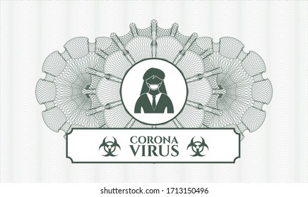 Green passport emblem. Vector Illustration. Detailed with woman wearing face mask icon and Coronavirus text inside