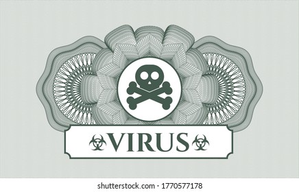 Green passport emblem. Vector Illustration. Detailed with crossbones icon and Virus text inside