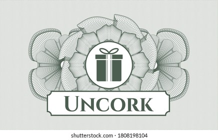 Green passport emblem. Vector Illustration. Detailed with gift box icon and Uncork text inside