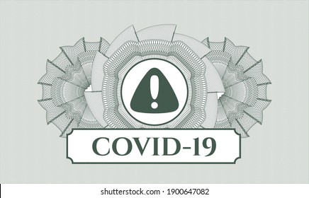 Green passport emblem. Vector Illustration. Detailed with warning icon and COVID-19 text inside